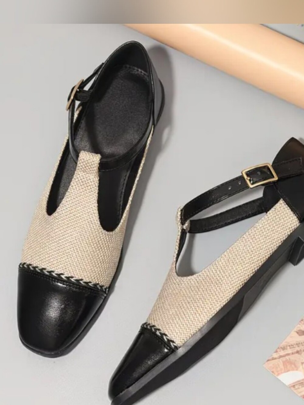 Women’s Two-Tone Beige and Black T-Strap Flats - US8